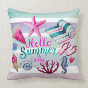 Watercolor Hallo Sommer Mongram Beach Streifen Kissen