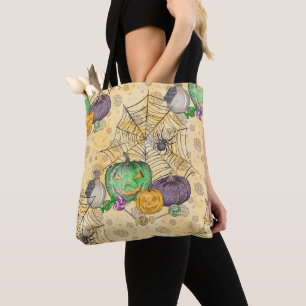 WATERCOLOR HALLOWEEN PUMPKINS WEBS CANDIES TASCHE
