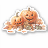Watercolor Halloween Pumpkins with Autumn Leaves O Aufkleber (Vorderseite)