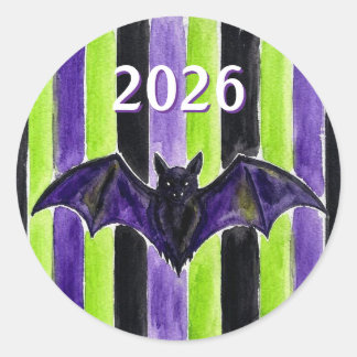 Watercolor-Halloween-Streifen mit Fledermaus-Aufkl Runder Aufkleber