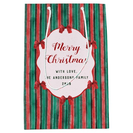 Watercolor Hand Drawn Red Bows Stripes Christmas Mittlere Geschenktüte (Vorderseite)