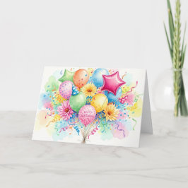 Watercolor Happy Birthday Balloons & Flowers Karte