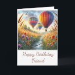 Watercolor Happy Birthday Friend Grußkarte Karte<br><div class="desc">Diese Geburtstagskarte zeigt ein digitales Aquarellbild, das Heißluftballons zeigt, die an einem strahlenden Tag sanft über einem Feld aufsteigen. Die Karte enthält eine Innengrauheit, die auf Ihre Wünsche zugeschnitten werden kann. "AI-generiertes Kunstwerk mit Designrichtung von Susang6"</div>