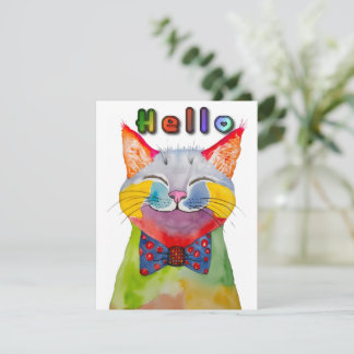 Watercolor Happy Cat Greeting Card Einladung