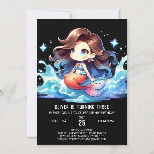 Watercolor Happy Mermaid Birthday Einladung (Vorderseite)