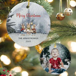 Watercolor-Hasen-Weihnachtssänger-Weihnachtsfoto Keramik Ornament
