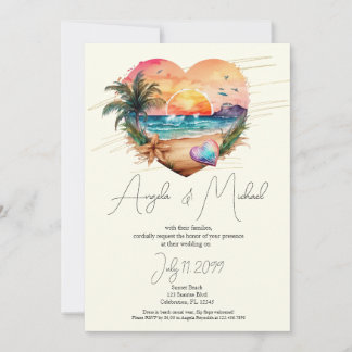 Watercolor Hawaii Beach Sunset Heart Wedding Einladung