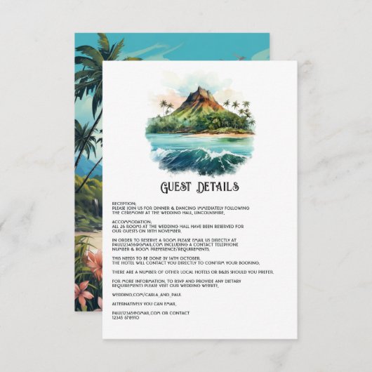 Watercolor Hawaii Wedding Guest Details Begleitkarte (Vorne/Hinten)