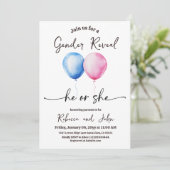 Watercolor He or She Balloon Gender Reveal Einladung (Stehend Vorderseite)