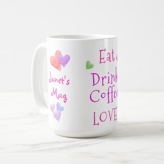 Watercolor Hearts EAT Drink Coffee LOVE Kaffeetasse (Vorderseite Links)