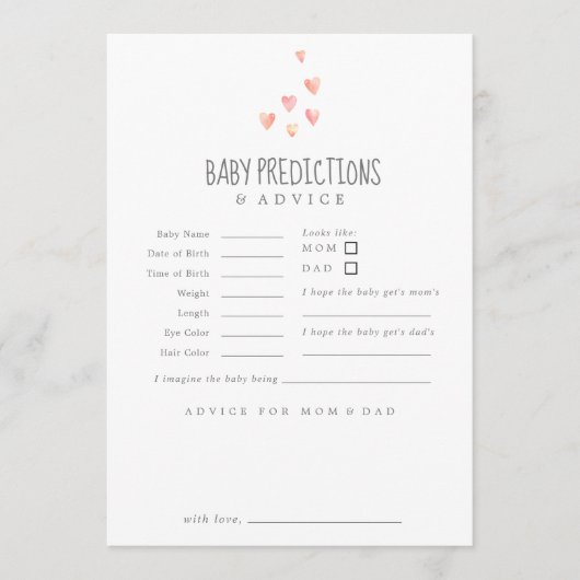 Watercolor Hearts Girl Baby Vorhersagen & Hinweiskarte (Vorderseite)