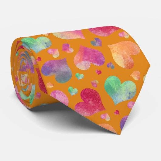 Watercolor Hearts Pattern Orange Krawatte (Gerollt)