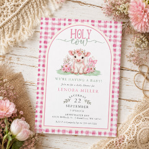 Watercolor Heilige Kuh Rosa Gingham Mädchen Baby-P Einladung