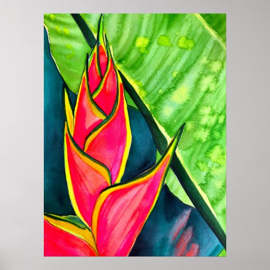Watercolor Heliconia Tropical Blume Poster (Vorne)