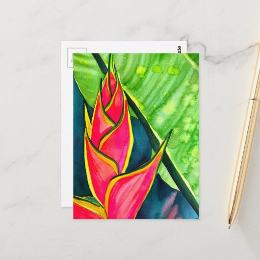 Watercolor Heliconia Tropical Blume Postkarte (Vorderseite/Rückseite Beispiel)