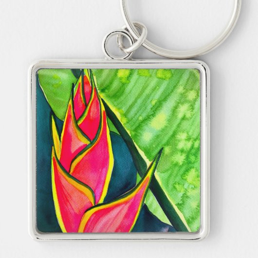 Watercolor Heliconia Tropical Blume Schlüsselanhänger (Vorne)