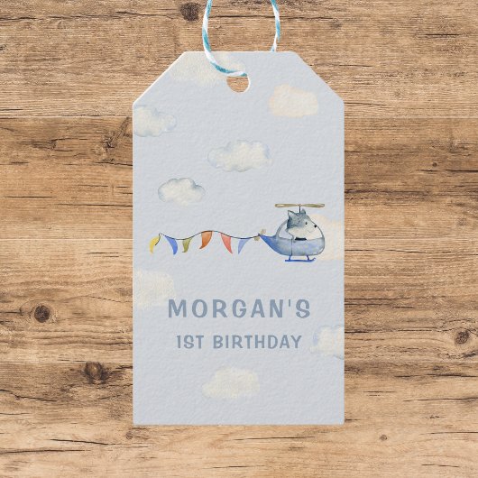 Watercolor Helicopter Blue First Birthday Gefallen Geschenkanhänger