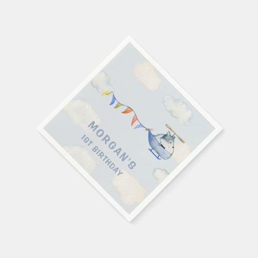 Watercolor Helicopter Niedlich Wolf Erster Geburts Serviette (Ecke)