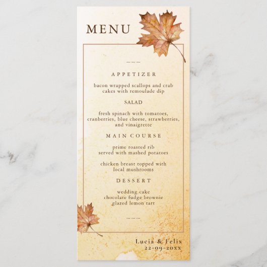 Watercolor Herbstmapelleaf Hochzeitsessen Menükarte (Vorderseite)