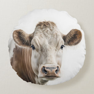 Watercolor Hereford Cow Portrait Rundes Kissen
