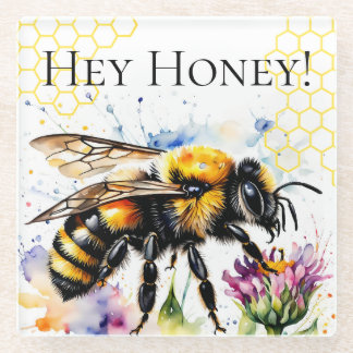 Watercolor Hey Honey Bee Glass Untersetzer