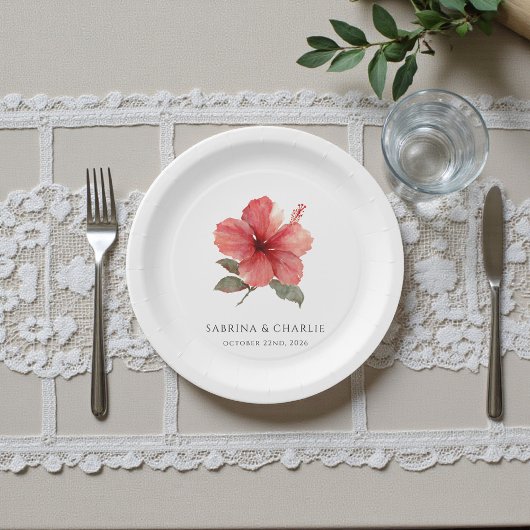 Watercolor Hibiscus Flower Tropical Aloha Wedding  Pappteller