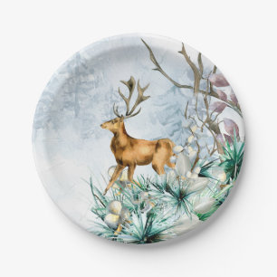 Watercolor-Hirsch-Winter-Blumen-Weihnachten Pappteller