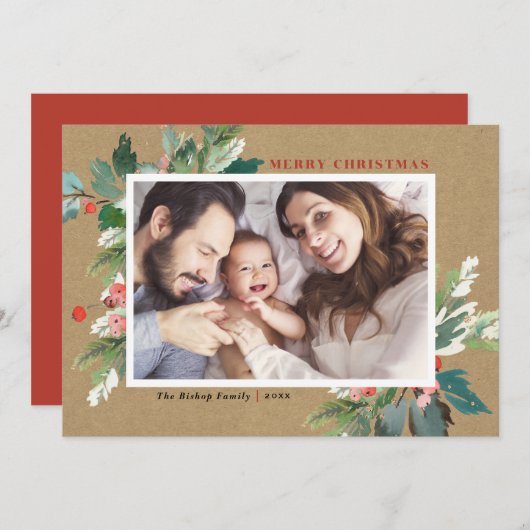 Watercolor Holdings Kraft Paper Christmas Foto (Vorne/Hinten)