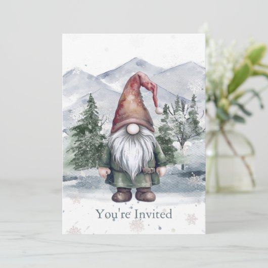 Watercolor Holiday Gnome Holiday Party Einladung (Stehend Vorderseite)