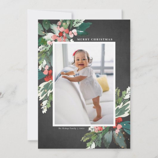 Watercolor Hollies Chalkboard Frohe Weihnachten (Vorderseite)