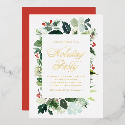 Watercolor Holly and Greenery Holiday Party Folieneinladung (Vorderseite/Rückseite)