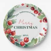 Watercolor Holly and Red Berries Wreath Christmas Pappteller (Vorderseite)