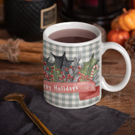 Watercolor Holly Banner auf Grau Kariert Kaffeetasse