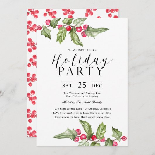 Watercolor Holly Beeren Branches Holiday Party Einladung (Vorne/Hinten)