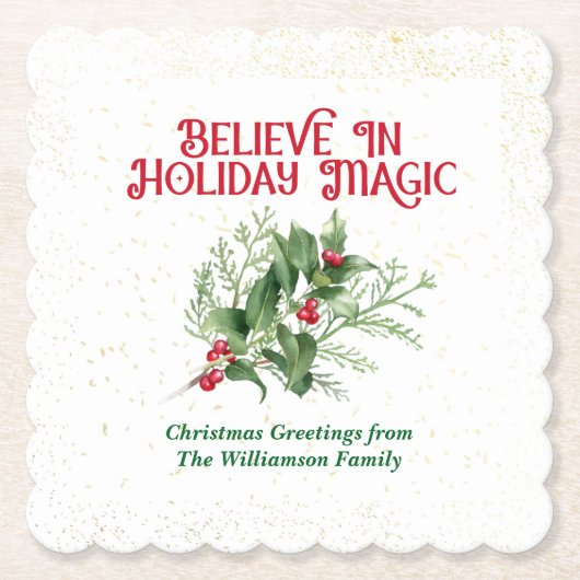 Watercolor Holly Believe Holiday Magic Christmas Untersetzer (Vorderseite)