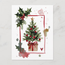Watercolor Holly Berries Christmas Tree Holiday Feiertagspostkarte