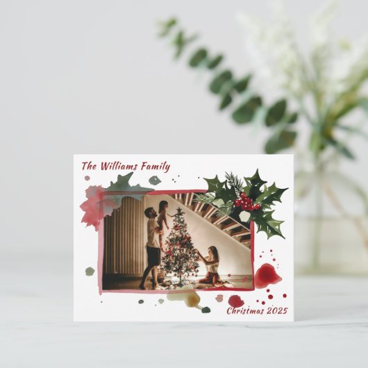Watercolor Holly Berries Christmas Tree Holiday Postkarte (Stehend Vorderseite)