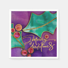 Watercolor Holly Berries Holiday Frohe Weihnachten Serviette