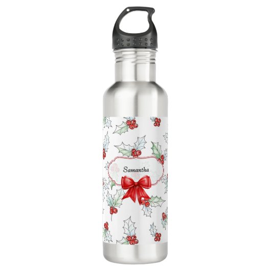 Watercolor Holly Berries Red Ribbon Custom Edelstahlflasche (Vorderseite)