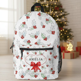 Watercolor Holly Berries  Red Ribbon Custom Name Bedruckter Rucksack