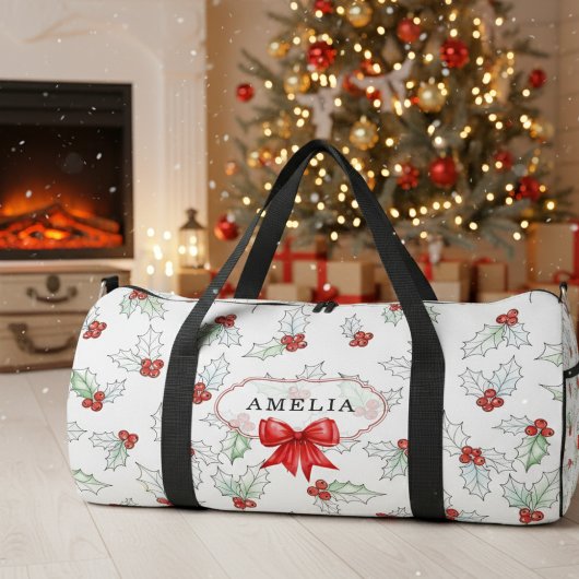 Watercolor Holly Berries  Red Ribbon Custom Name Duffle Bag