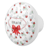 Watercolor Holly Berries Red Ribbon Custom Name Keramikknauf (Rechts)