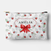 Watercolor Holly Berries Red Ribbon Custom Name Zubehörtasche (Vorderseite)