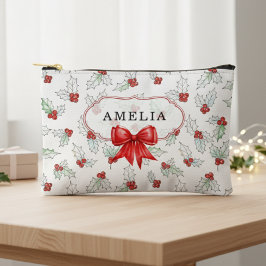 Watercolor Holly Berries  Red Ribbon Custom Name Zubehörtasche