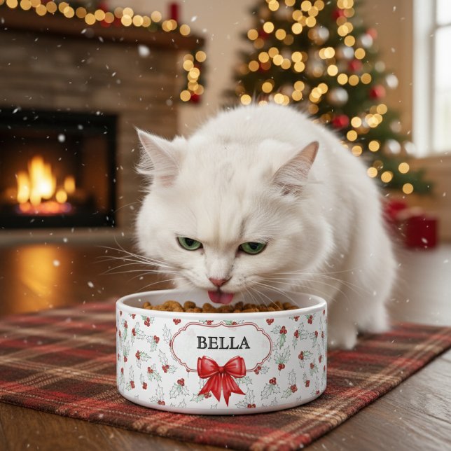 Watercolor Holly Berries Red Ribbon Custom Pet Napf (Von Creator hochgeladen)