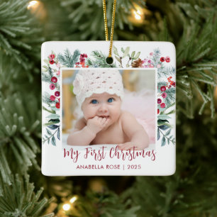Watercolor Holly Berry Babys Erstes Weihnachtsfest Keramikornament