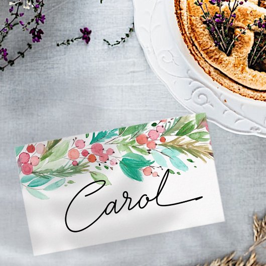 Watercolor Holly Berry Foliage | Urlaub Platzkarte