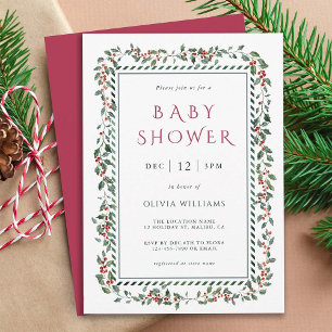 Watercolor Holly Berry Frame Babydusche Einladung