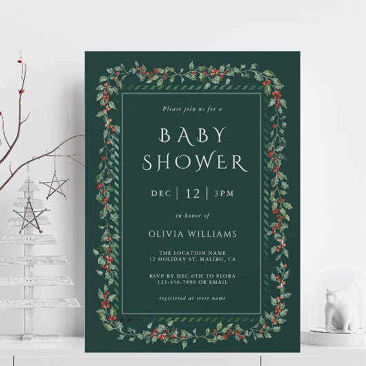 Watercolor Holly Berry Frame Boy Baby Dusche Grün Einladung