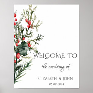 Watercolor Holly Berry Greenerity Wedding Poster